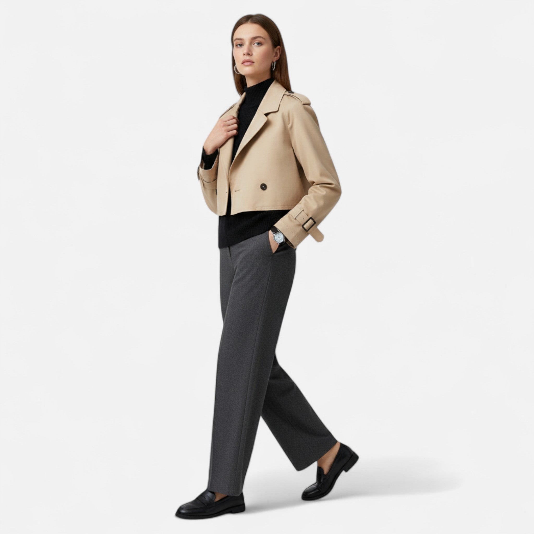 Maisonancien | Damski krótki trencz dwurzędowy z paskiem