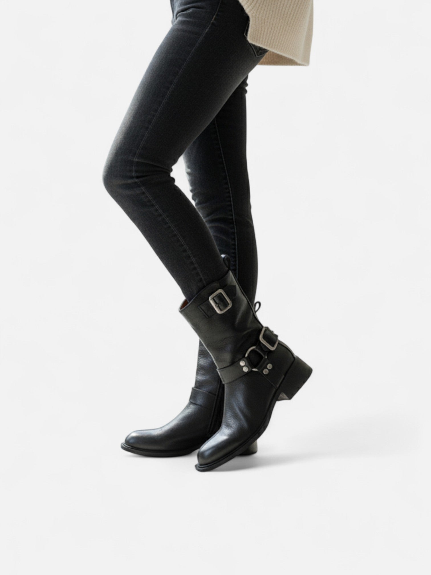 Maisonancien | Damskie skórzane botki z klamrą i kwadratowym obcasem