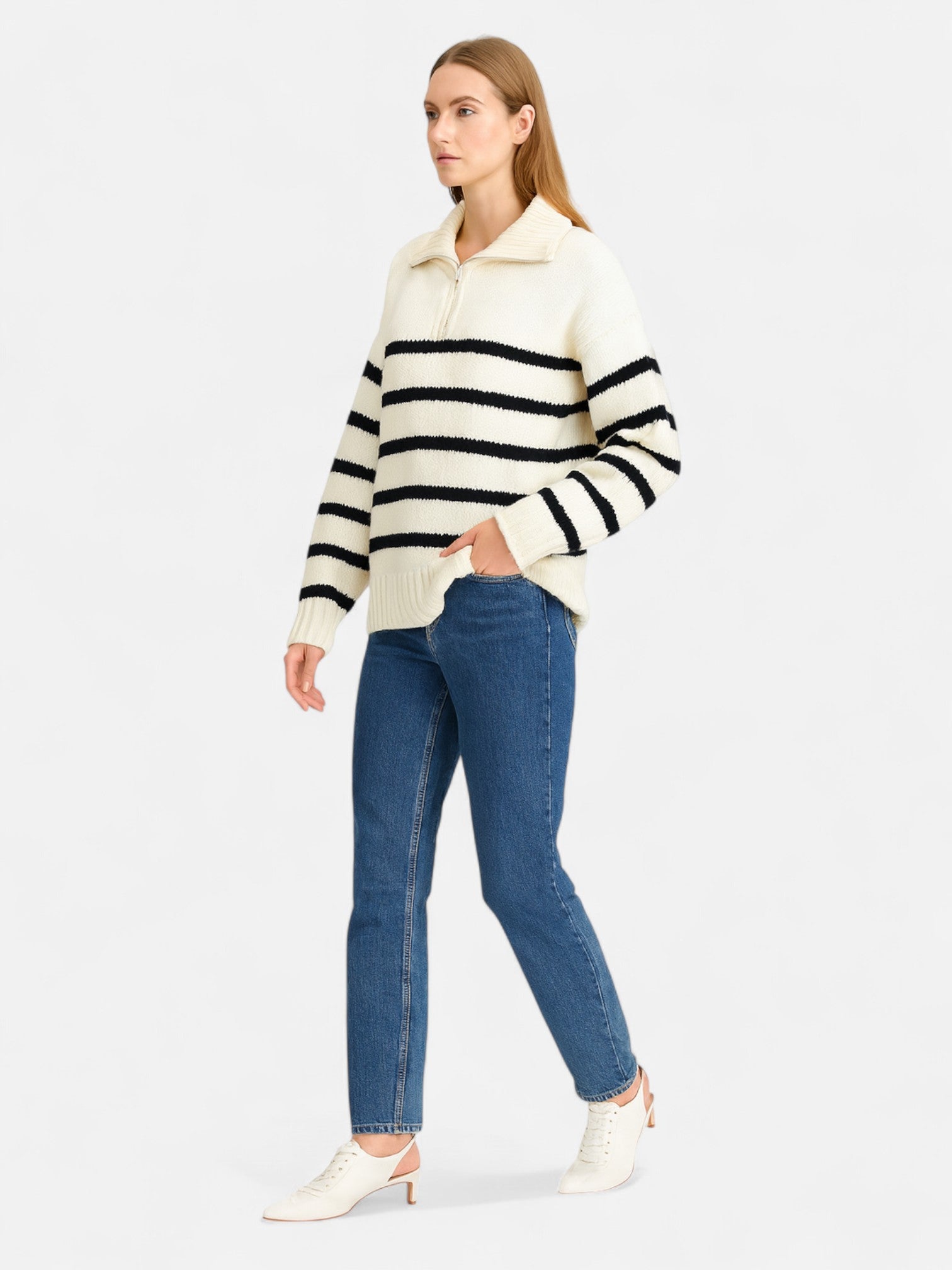 Maisonancien | Damski Sweter Half-Zip Turtleneck – Kontrastowy Kołnierz