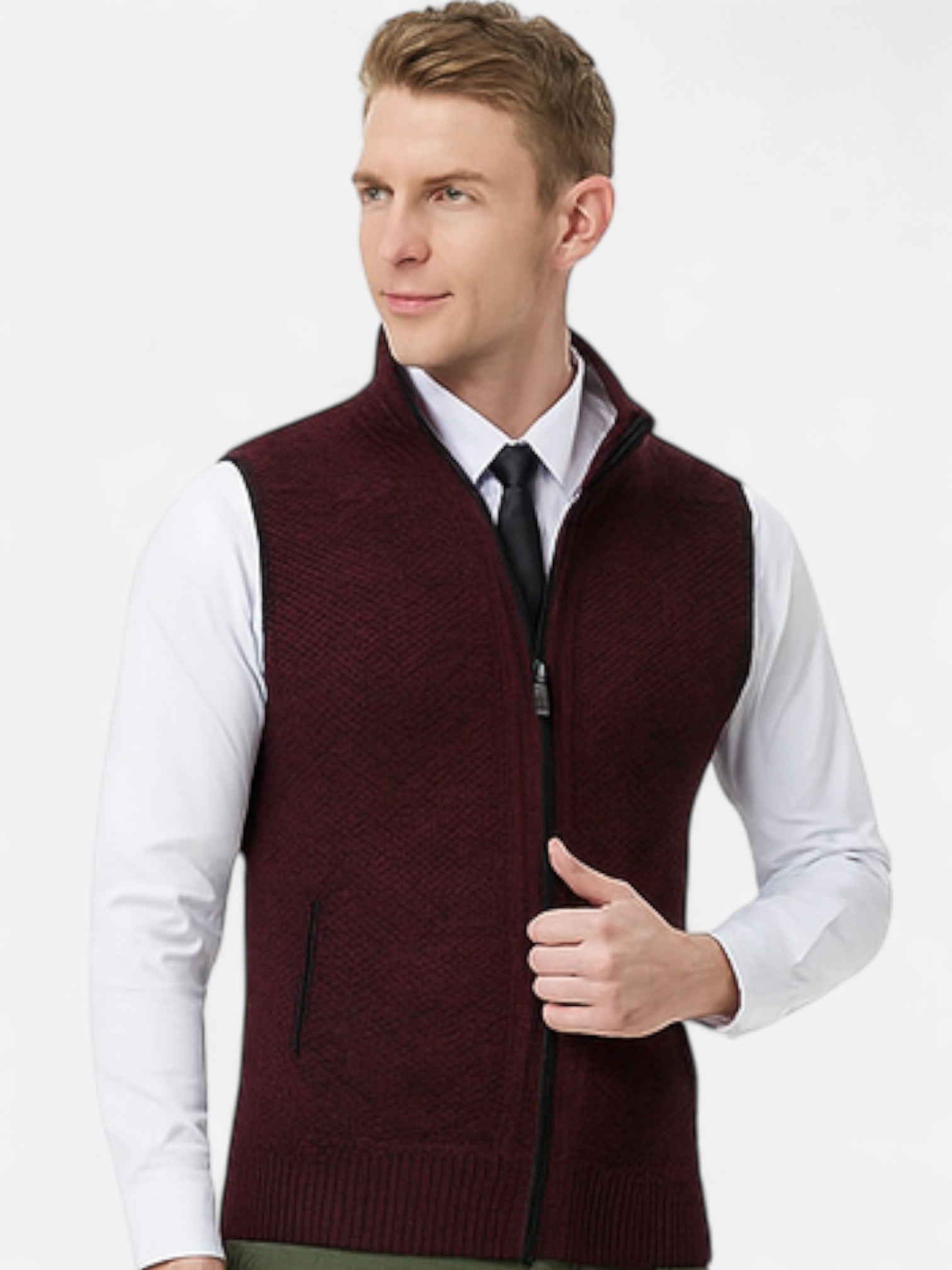 Maisonancien | Męski Bezrękawnik Dzianinowy – Kardigan Zamek z Kołnierzem