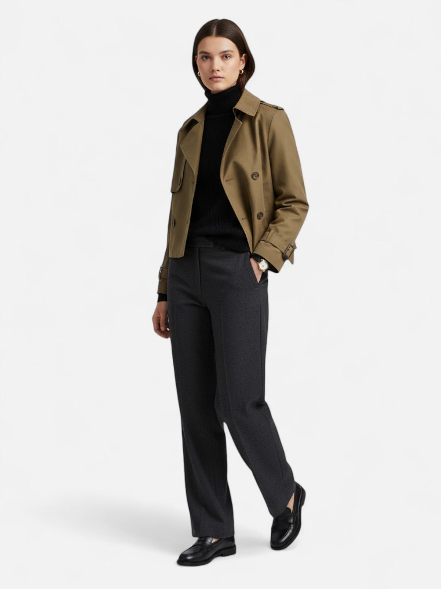 Maisonancien | Damski krótki trencz dwurzędowy z kołnierzem