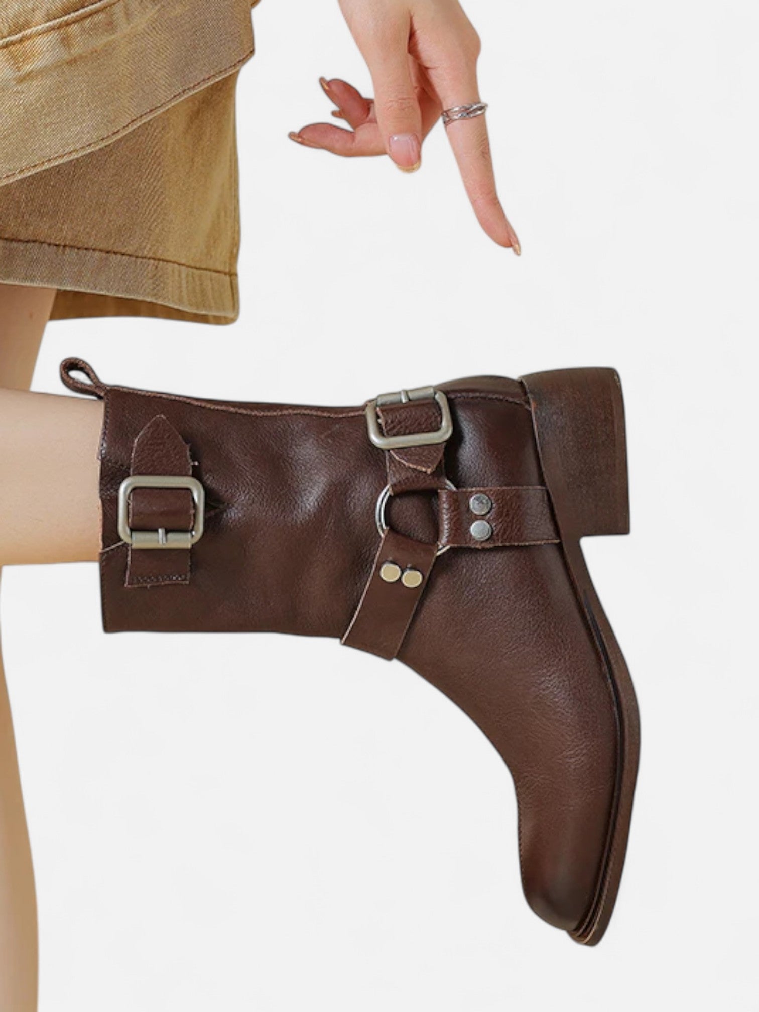 Maisonancien | Damskie skórzane botki z klamrą i kwadratowym obcasem