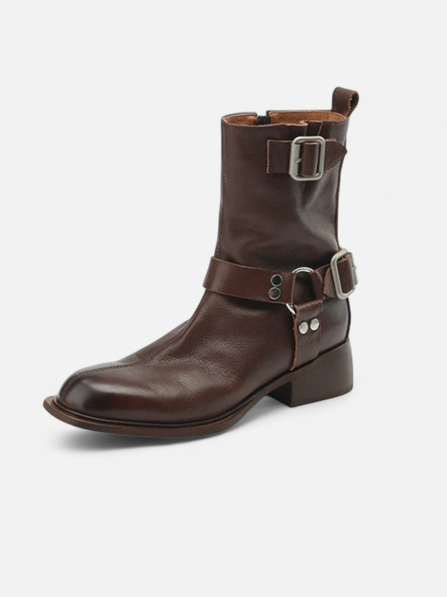 Maisonancien | Damskie skórzane botki z klamrą i kwadratowym obcasem