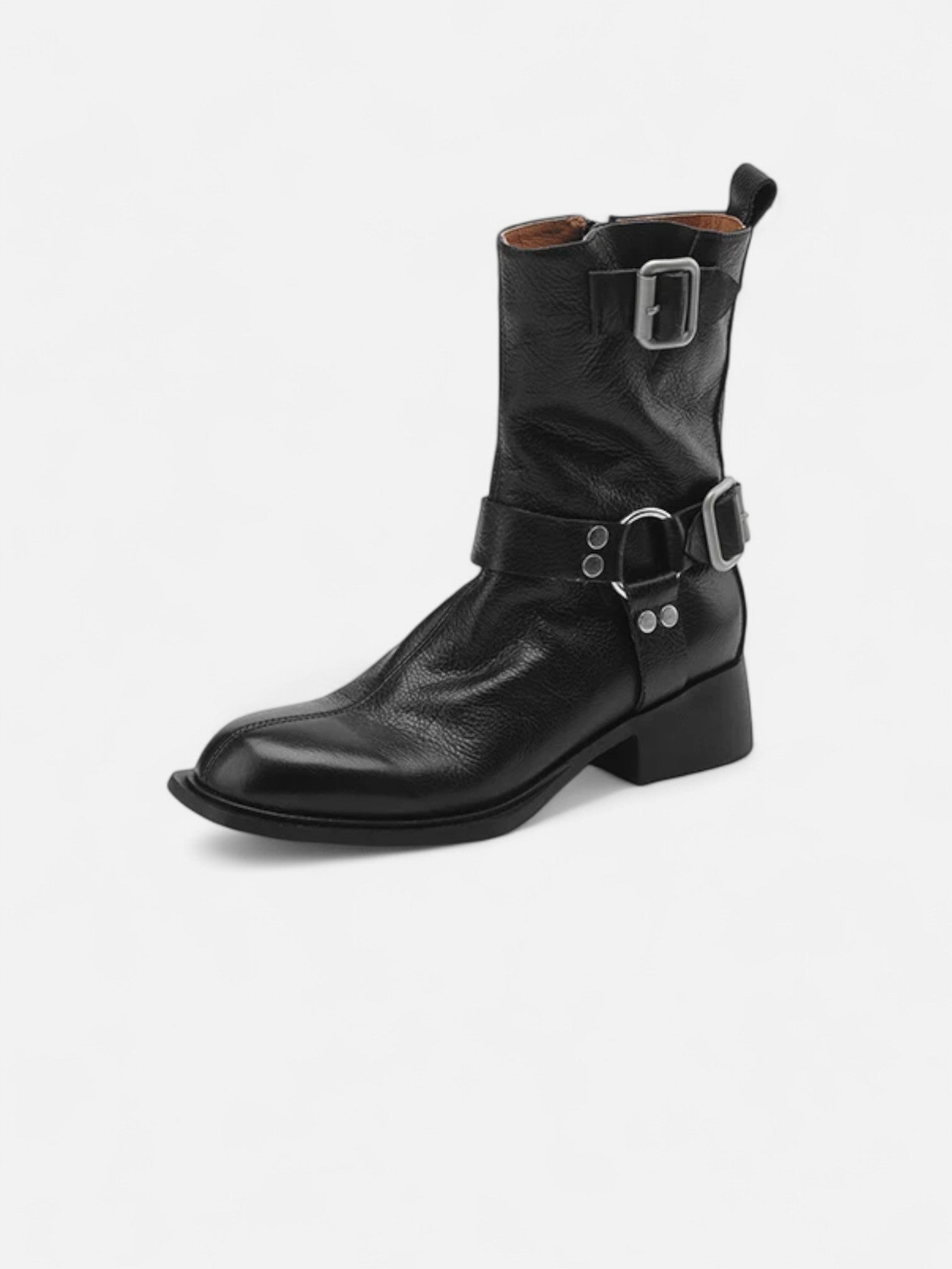 Maisonancien | Damskie skórzane botki z klamrą i kwadratowym obcasem